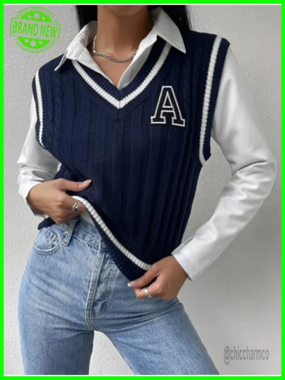 Sleeveless V-Neck Striped Trim Knit Sweater Vest Top